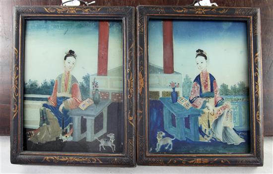 A pair of Chinese reverse paintings on glass, 19th century, 32 x 27.5cm